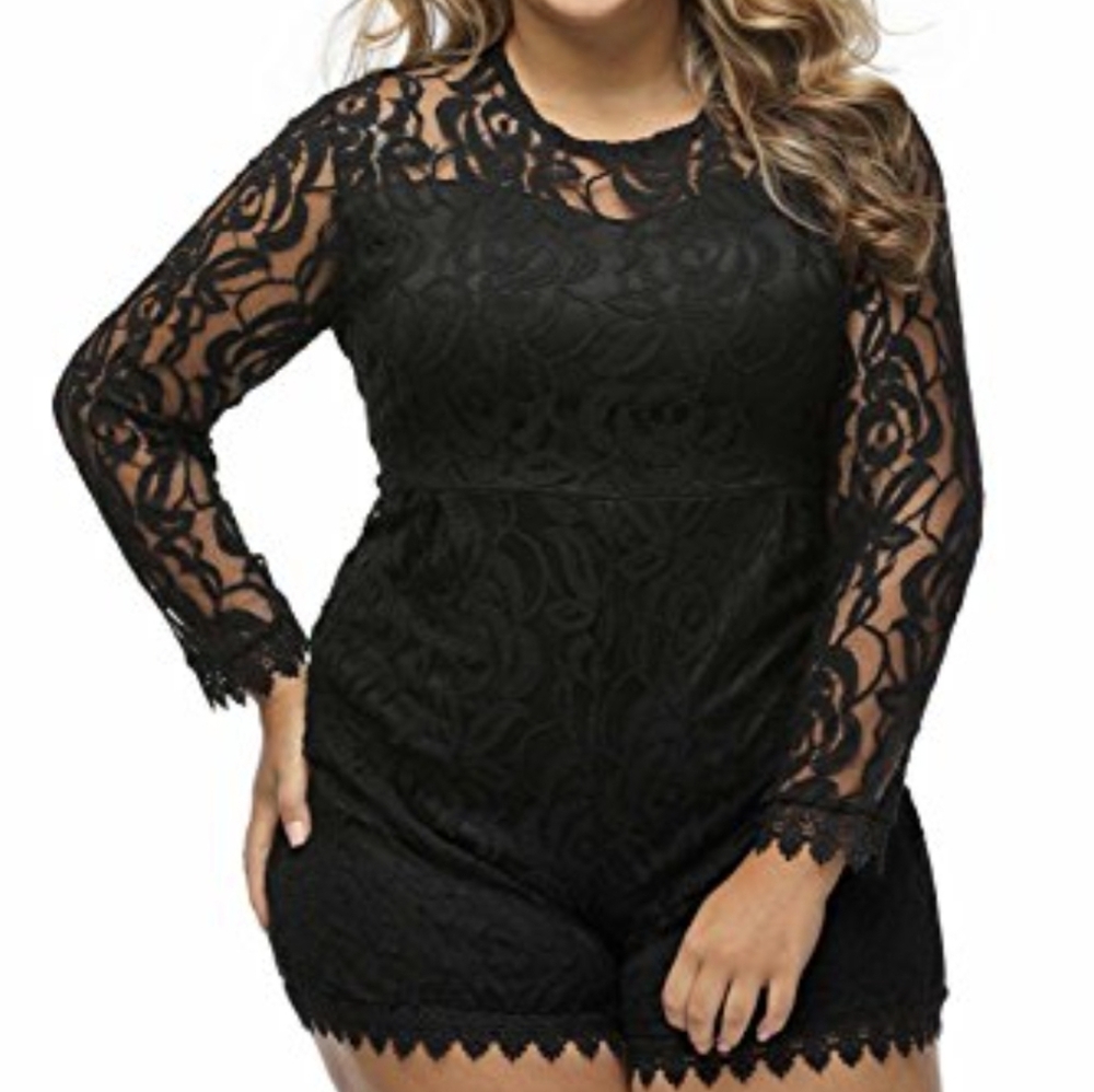 Black Plus Size Lace Long Sleeve Romper